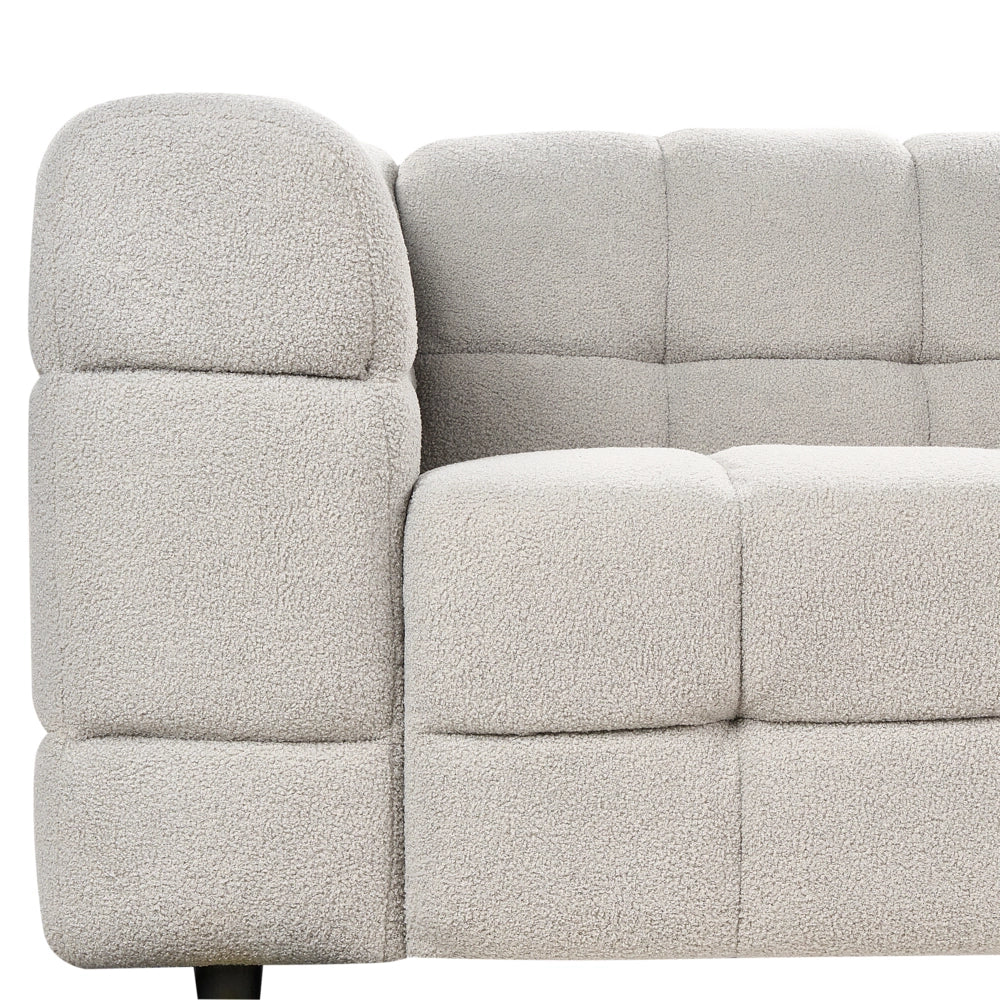 Divano imbottito a 3 posti in tessuto poliestere boucle con gambe nere braccioli grigio chiaro stile moderno elegante