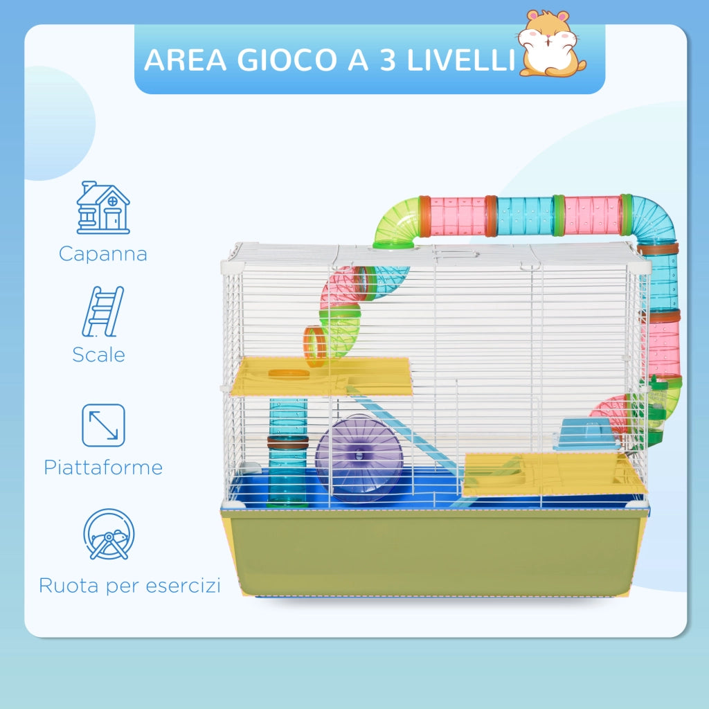 Gabbia per Criceti a 3 Livelli con Tunnel, Casetta e Ruota per Criceti, 59x36x47cm, Blu e Bianco