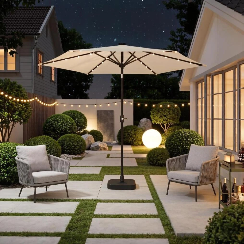 Ombrellone rotondo con luci LED solari ? 292 x 247 cm; beige in ferro e poliestere