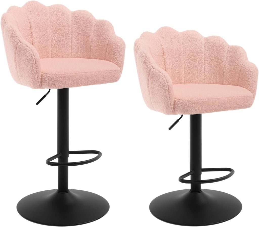 Sgabelli Cucina Set di 2, Regolabile e Girevole a 360°, Seduta in Tessuto Teddy, con Schienale e Poggiapiedi, per Cucina, Sala da Pranzo, Bar, Nero