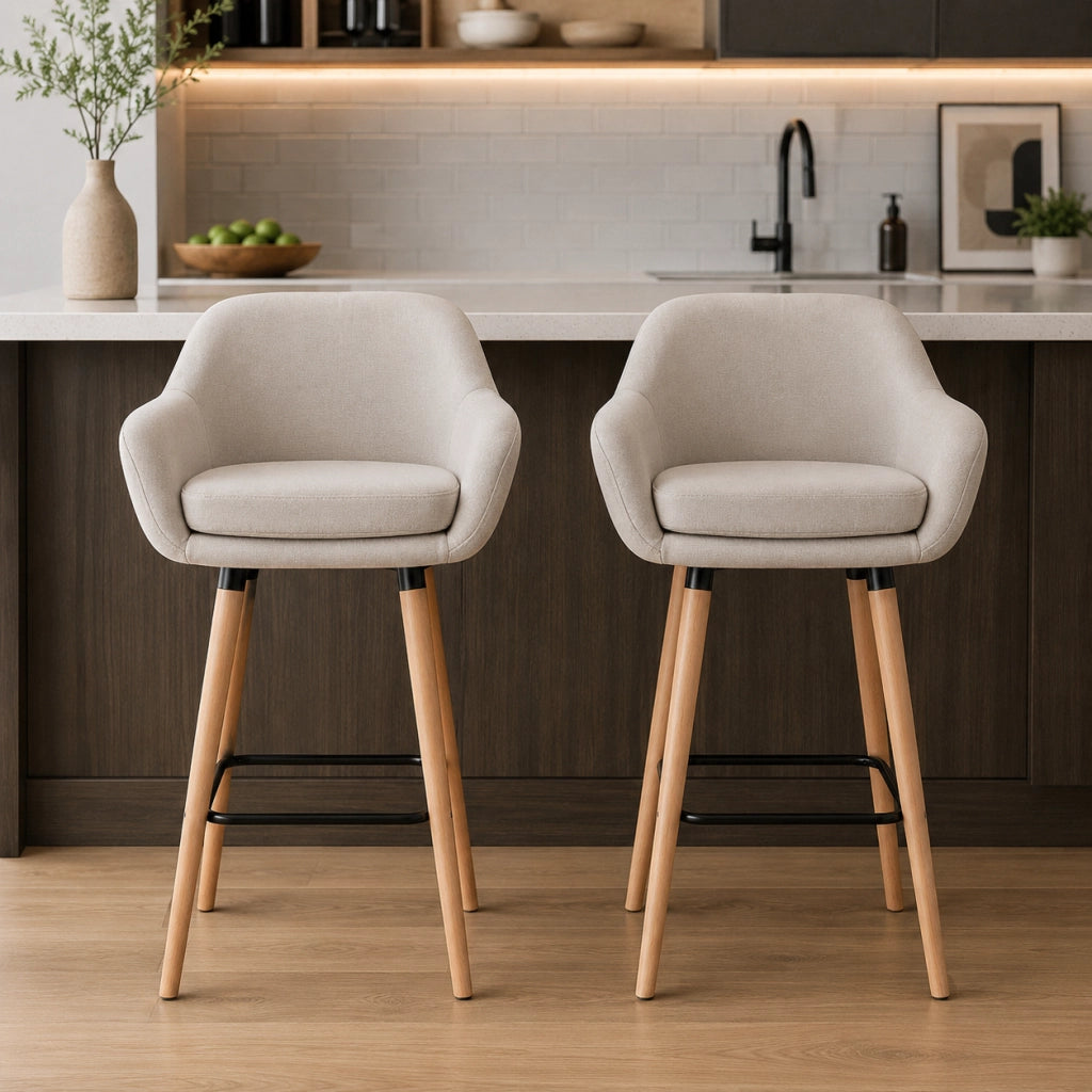 Set di 2 sgabelli da bar 55x48x100 cm con schienale e braccioli in metallo beige