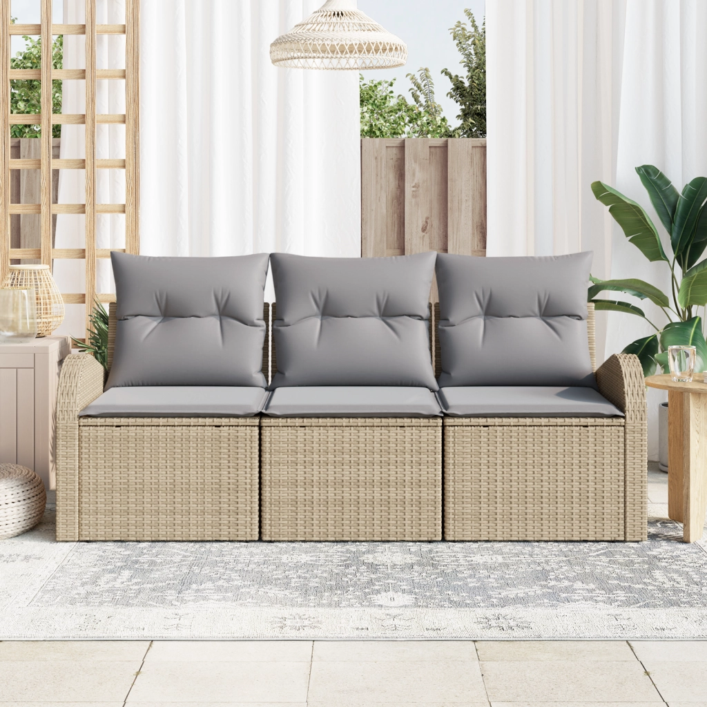Set Divano da Giardino a 3 Pezzi con Cuscini Beige Polirattan