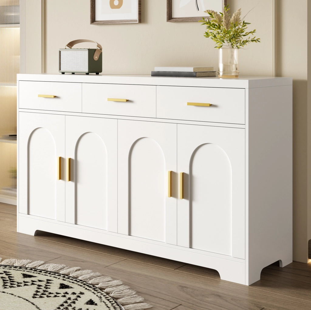 Sideboard bianco 140 cm con 4 ante ad arco; 3 cassetti; ripiani regolabili; MDF