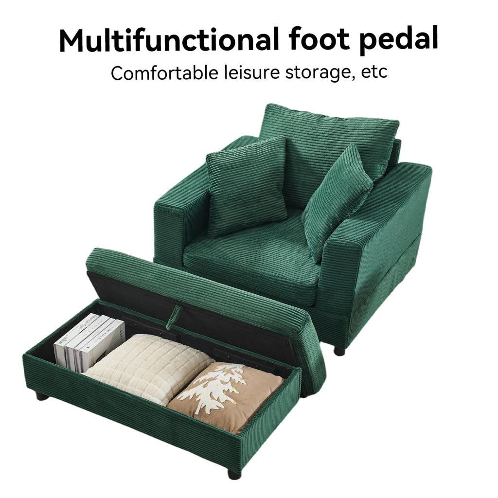 Divano chaise longue con poggiapiedi e vano contenitore, 3 cuscini, per soggiorno e camera, verde smeraldo