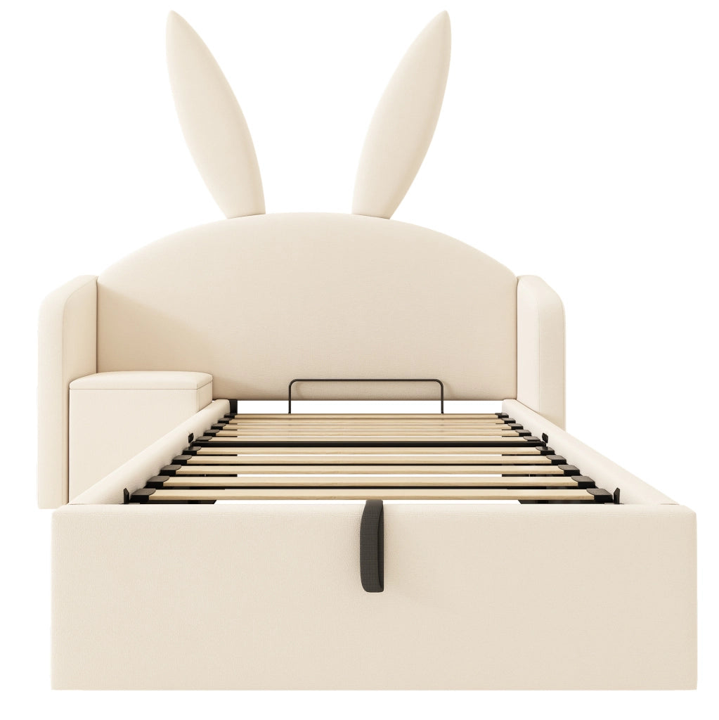 Letto singolo 90x200 cm con contenitore; comodino reversibile; velluto beige