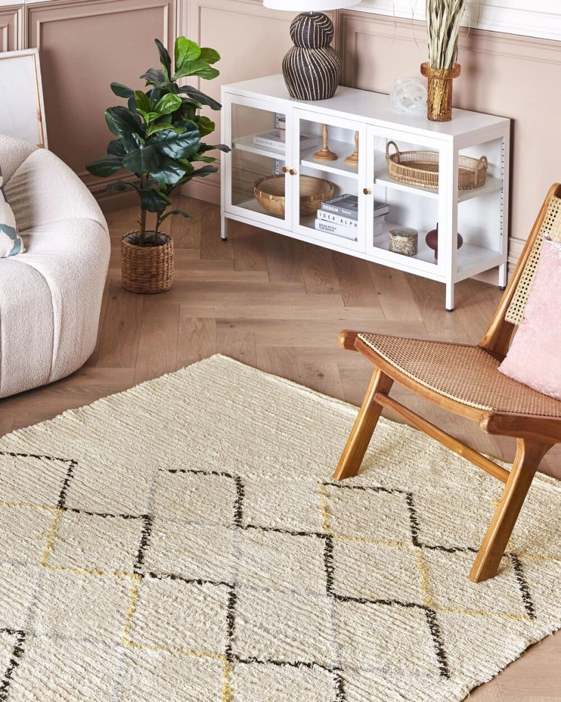 Tappeto in cotone beige 140 x 200 cm minimalista fatto a mano motivo geometrico soggiorno camera da letto