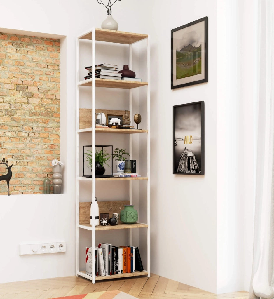 Scaffale stilo loft con ripiani in legno 50 cm Bianca 50 cm inserto frontale Sonoma Quercia 50x32x192 cm