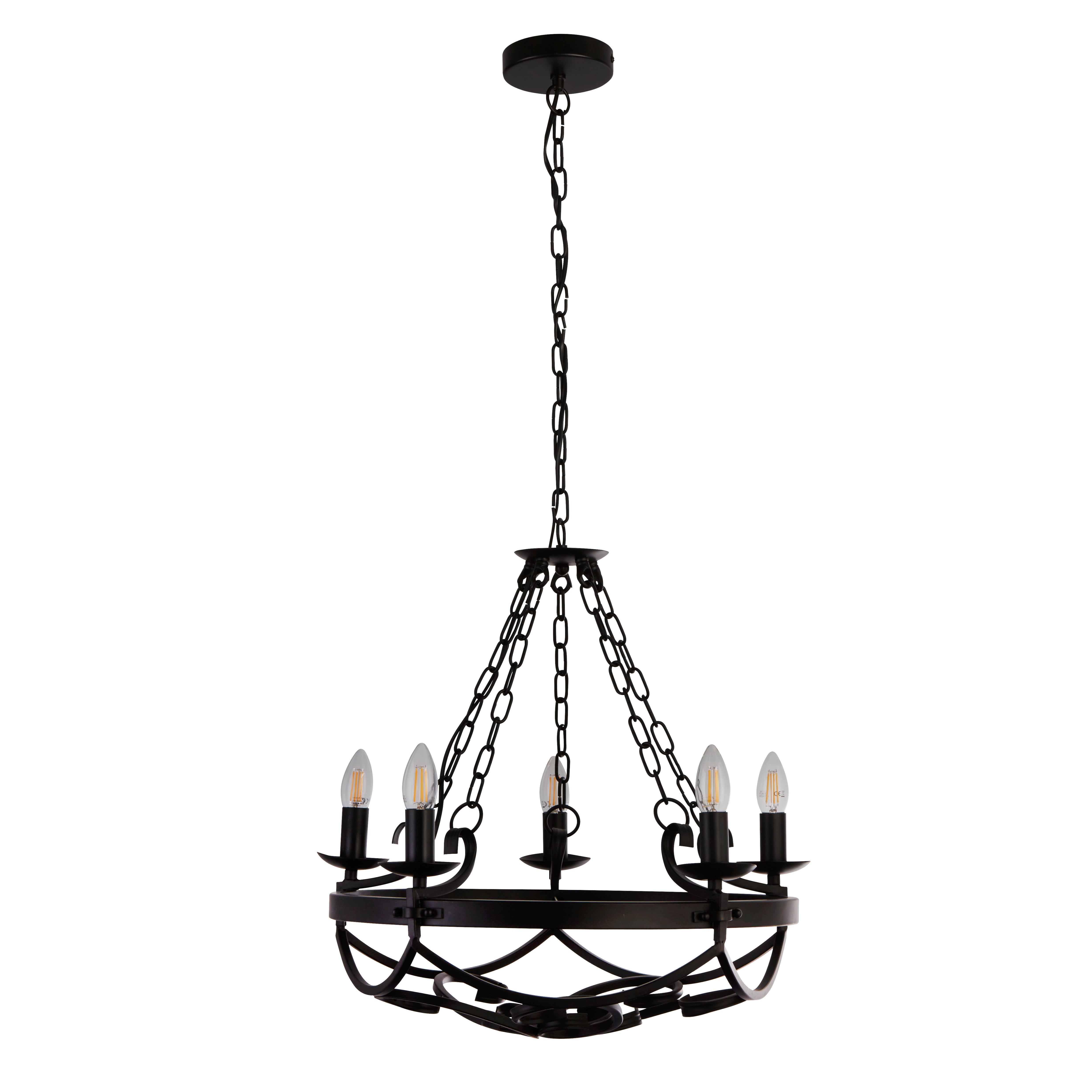 Lampadario Rustico-Country Cartwheel Iii Acciaio Nero 5 Luci E14