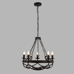 Lampadario Rustico-Country Cartwheel Iii Acciaio Nero 5 Luci E14