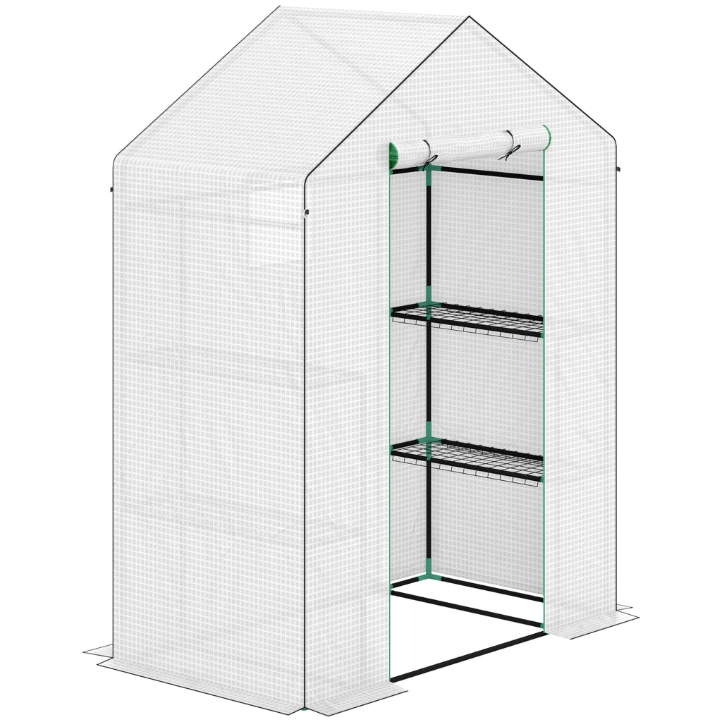 Serra da giardino in plastica con porta arrotolabile, finestre e ripiani laterali 143 x 74 x 190 cm