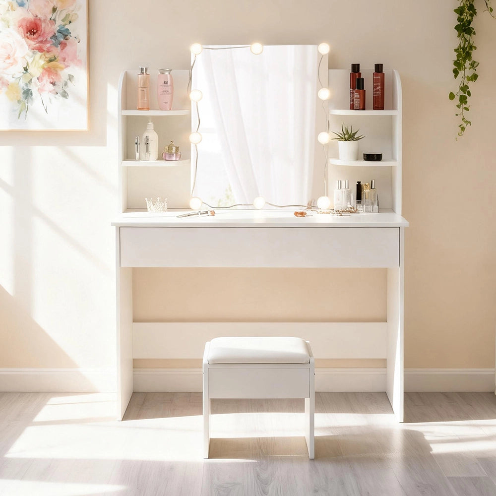 Toeletta con specchio - Xylo - LED, sgabello e 3 cassetti, bianco