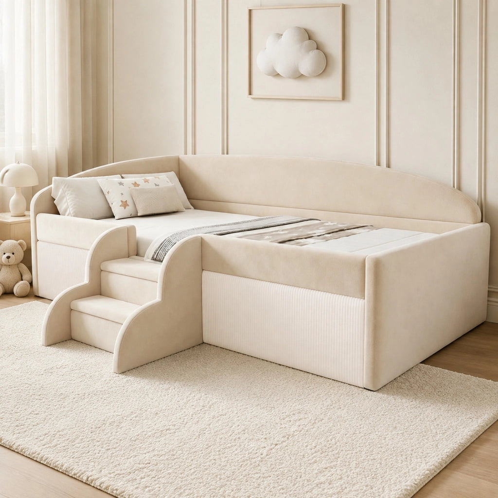 Letto imbottito per bambini 90x190 cm con gradini e sponde in velluto beige