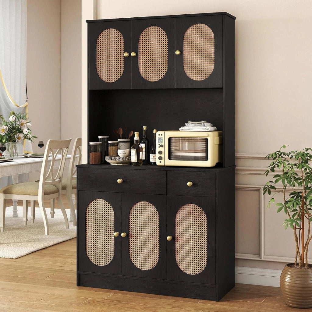 Credenza Alta da Cucina con Stazione di Ricarica, Armadio Dispensa con 2 Cassetti e Ante, Mobile Buffet con Ripiani Regolabili, per Sala da Pranzo, Soggiorno, 100 x 40 x 180 cm (Nero)