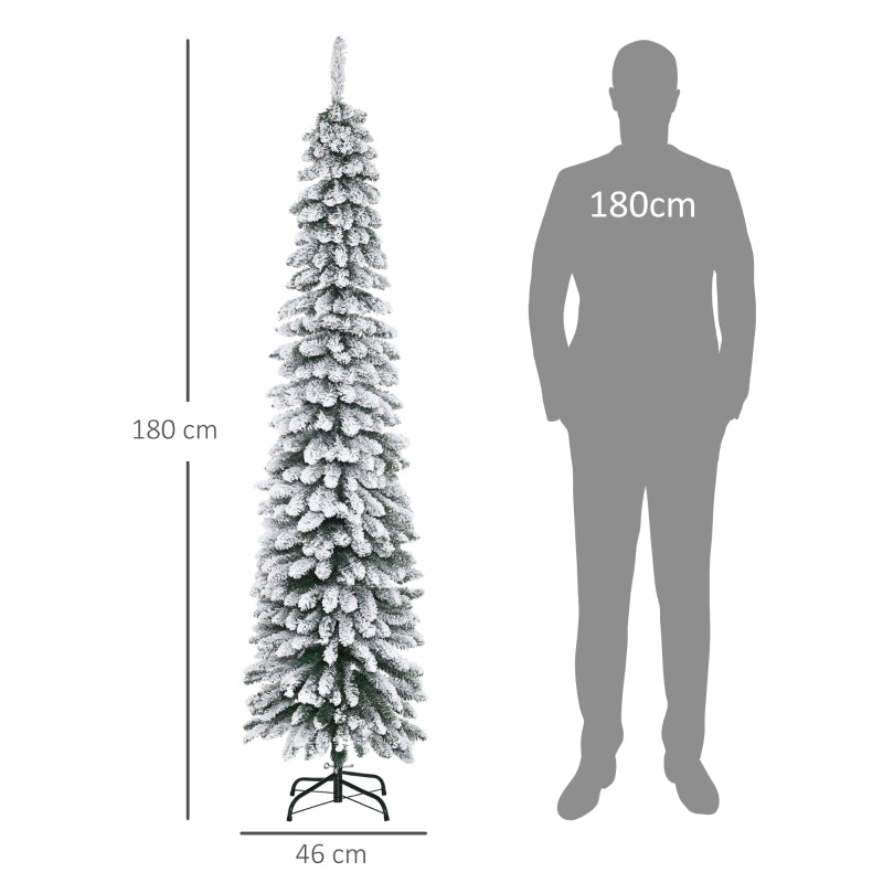 Albero di Natale artificiale, innevato, dal design sottile, ignifugo, 180 cm, verde/bianco