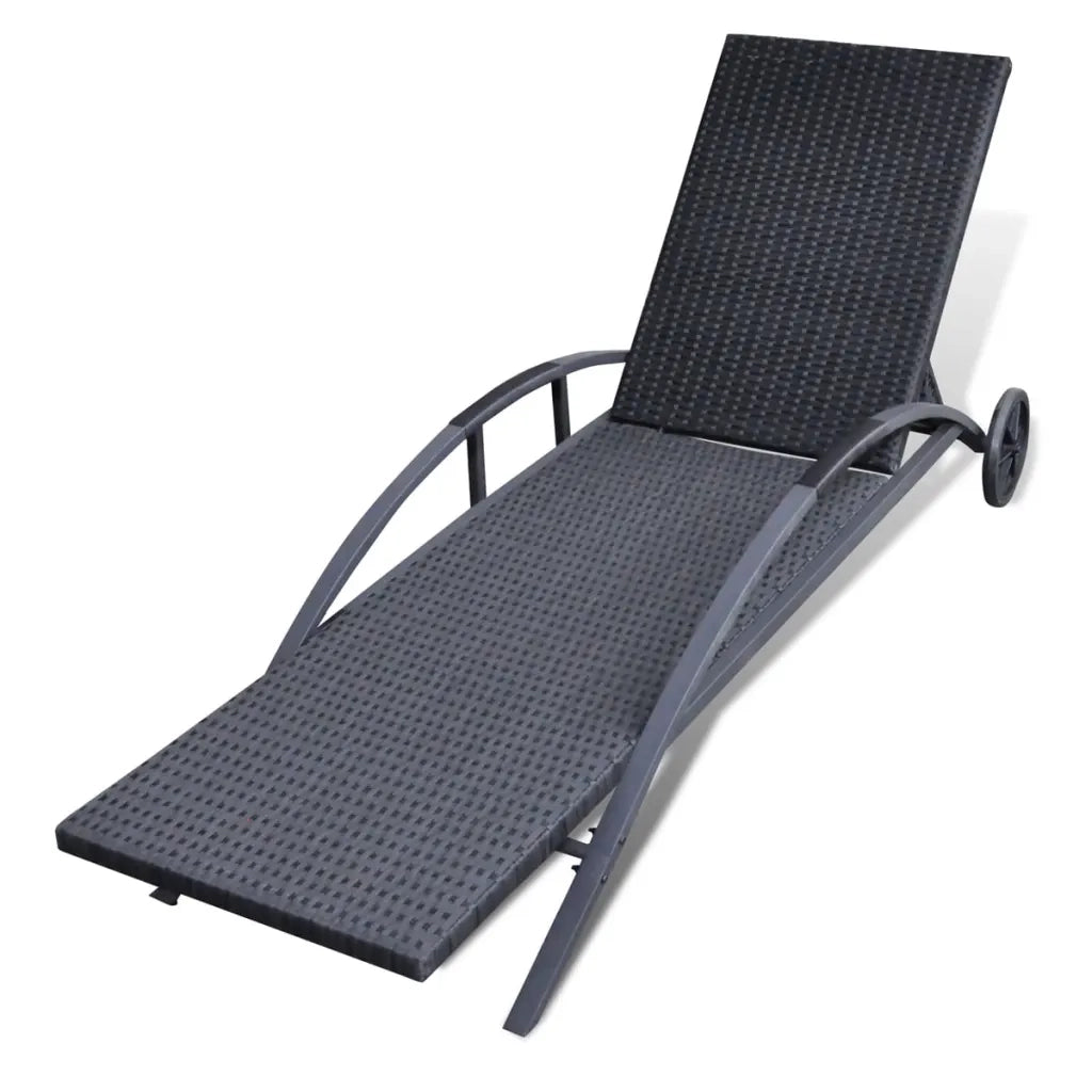Lettino Prendisole | Sdraio da giardino | Lettino da sole con Cuscino e Ruote in Polyrattan Nero