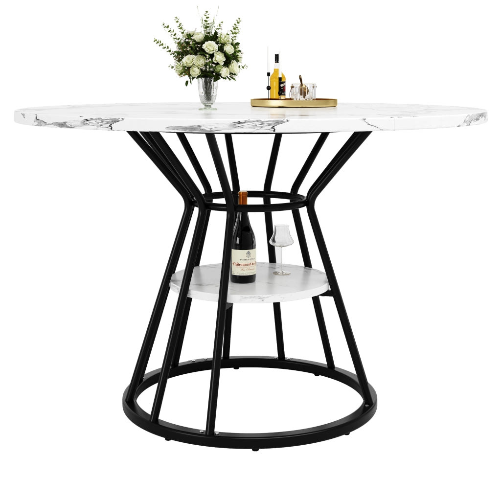 Tavolo da Pranzo Rotondo ¨C MINIMAL ¨C Piano Effetto Marmo, Gambe in Metallo Oro/Nero