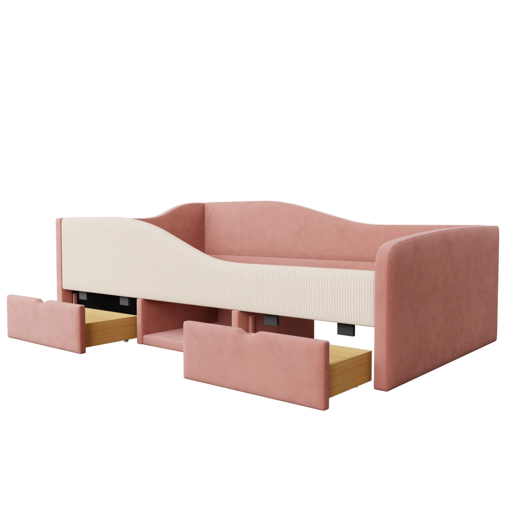 Letto imbottito 90x190 cm con sponde e cassetti in velluto rosa e bianco