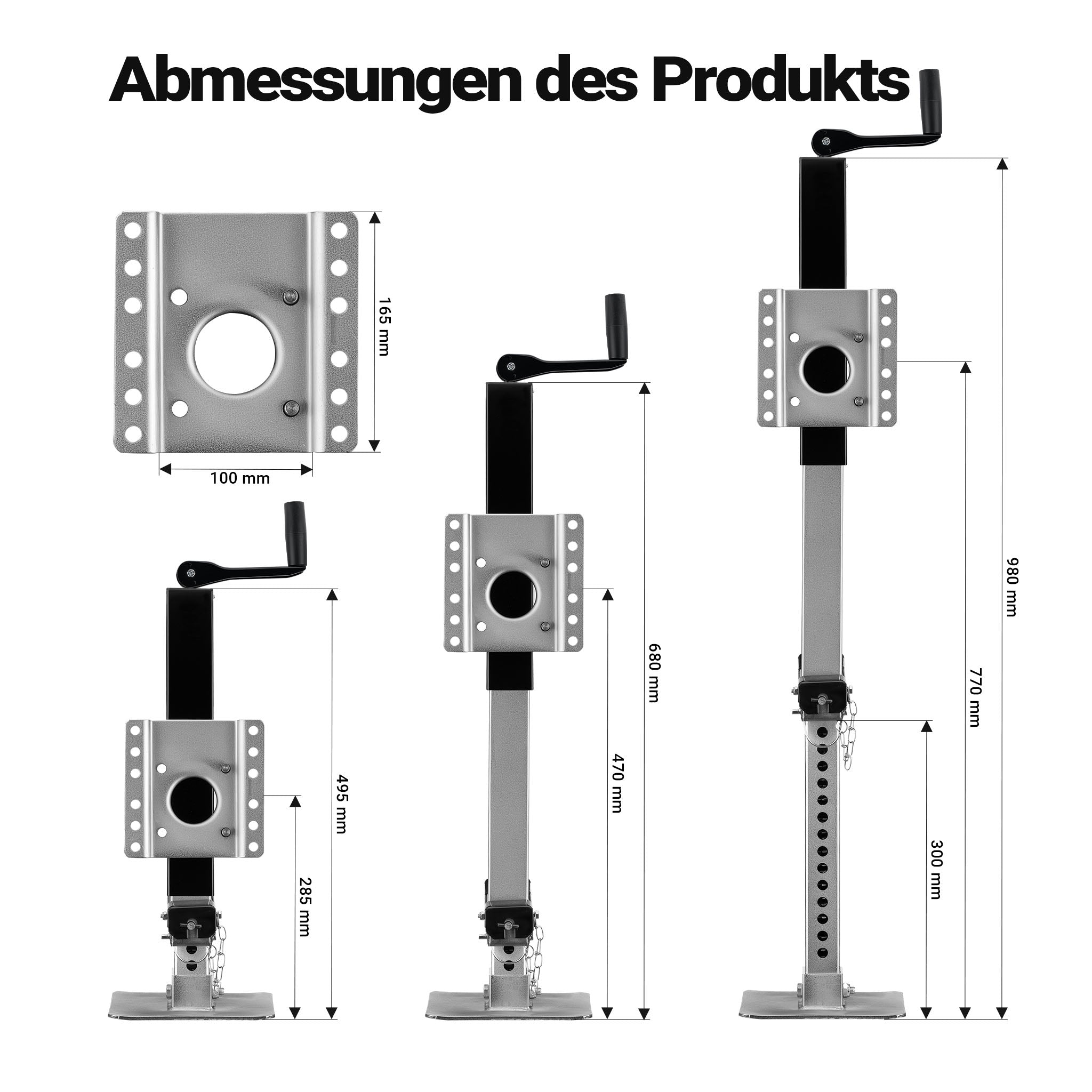 Piede stabilizzatore per rimorchi roulotte, max 900 kg, regolabile in altezza con manovella, con pedale e perno di sicurezza