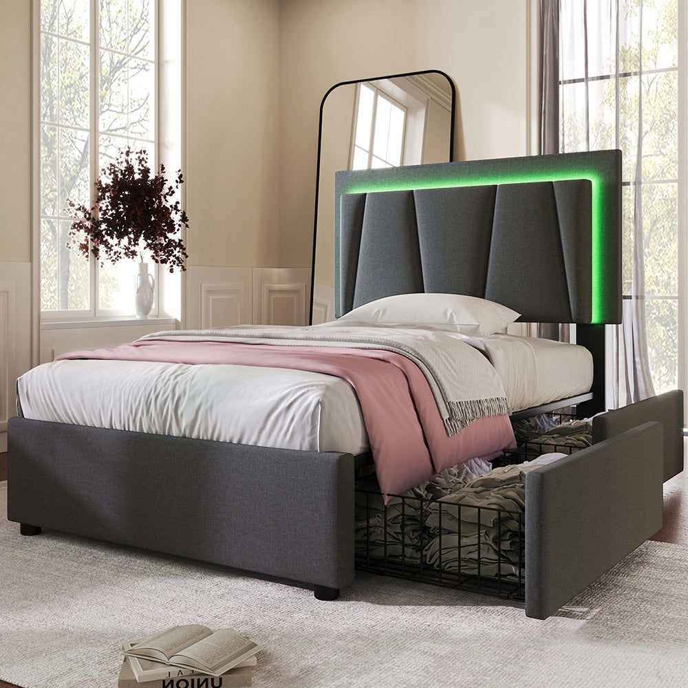 Letto singolo imbottito con LED - Xylo - 90x200cm - Grigio - 2 cassetti