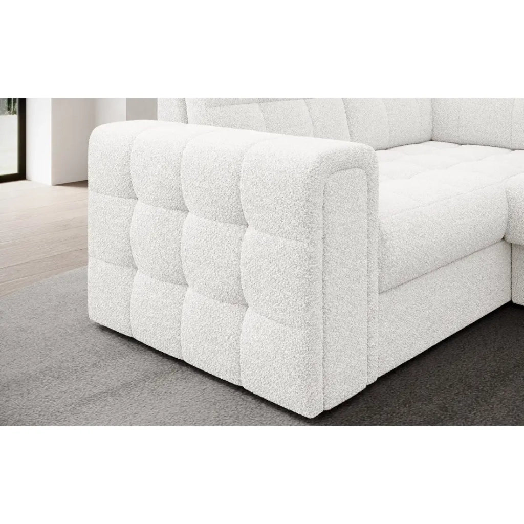 Divano ad angolo convertibile MONTEZA bianco bouclé 299 cm con vano contenitore e letto