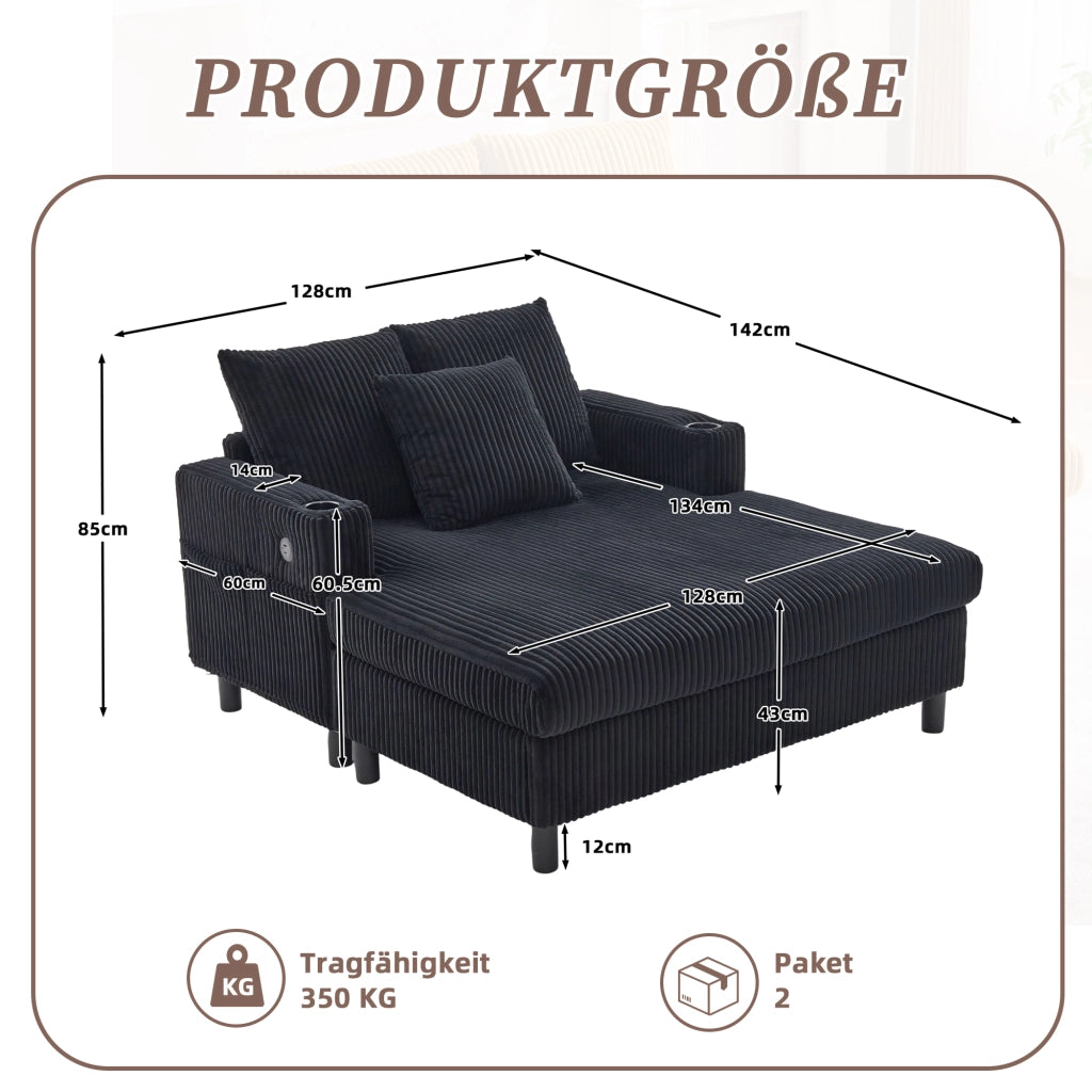 Poltrona relax chaise longue in corduroy nera con LED, USB e portabicchieri 142x128x85 cm