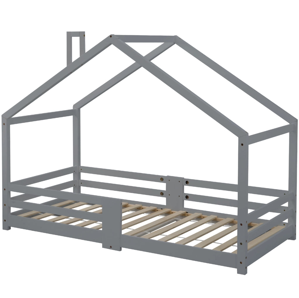Letto a casetta 90x200 cm con protezione anticaduta; legno; grigio (Senza materasso)
