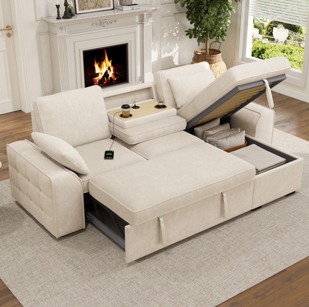 Divano angolare 3 posti 237x141x86 cm in ciniglia beige con contenitore; tavolino e USB