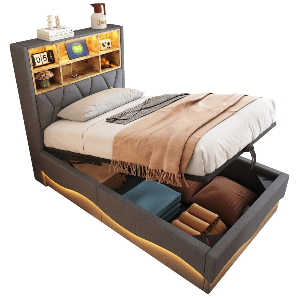 OKWISH Letto Bambini 90×200 cm, Letto Singolo con Contenitore Idraulico, LED con App, USB e Vano Portaoggetti, senza Materasso, Grigio