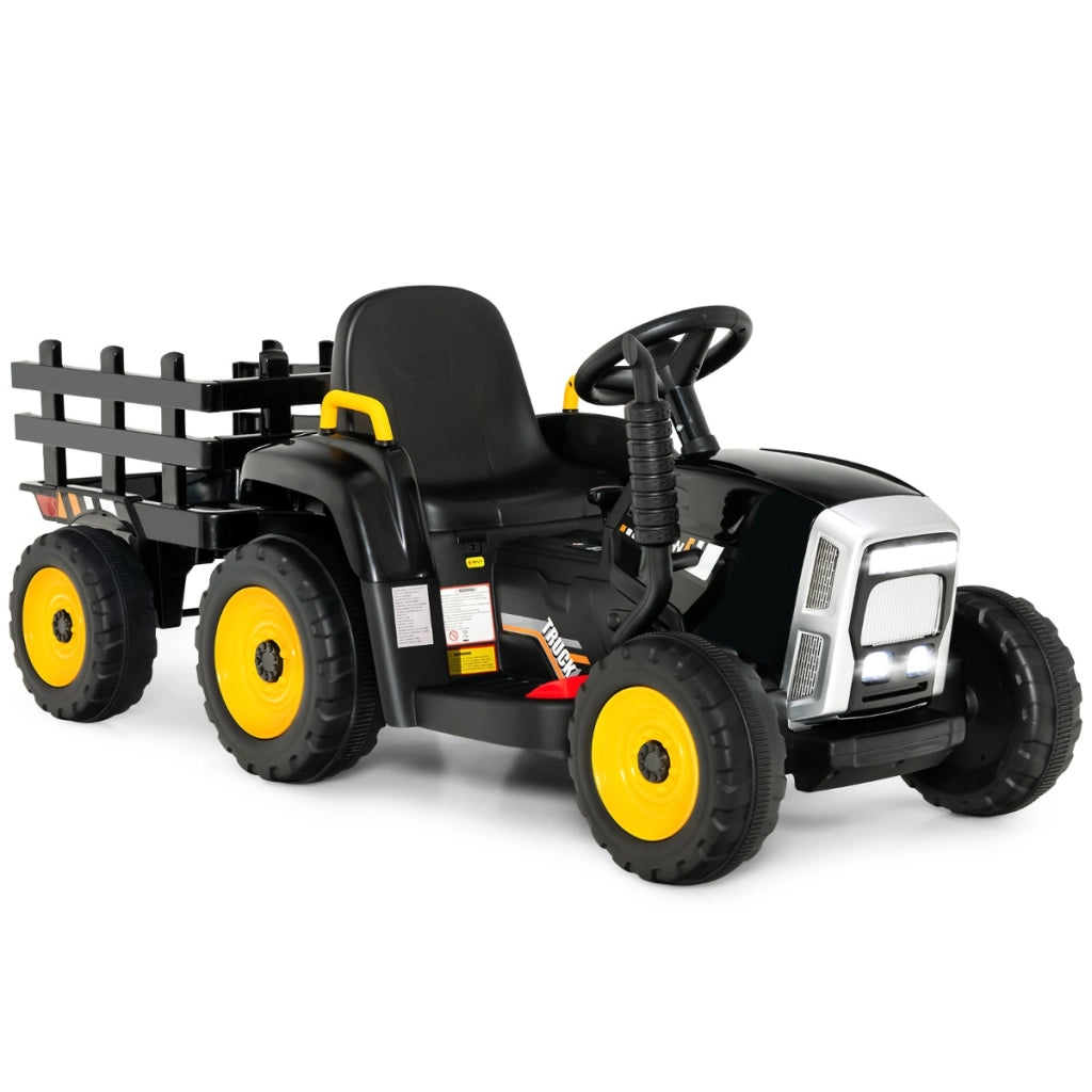 Trattore giocattolo elettrico con 3 marce luci led musica clacson, Trattore con rimorchio 12 v per bambini Nero-Macchinine giocattoli