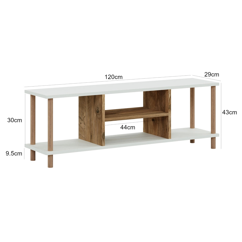 Mobile Basso Porta TV 'Ærøskøbing' con Scomparti Aperti e Gambe di Faggio - Bianco / color Legno [en.casa]