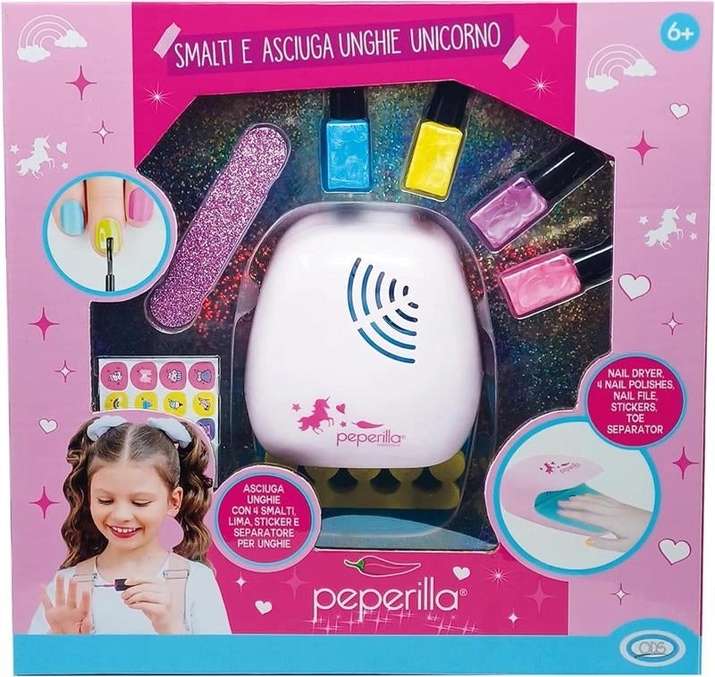 PEPERILLA - SMALTI E ASCIUGA UNGHIE UNICORNO
PLAY SET CON LIMA, SEPARATORE, ADESIVO E SMALTI