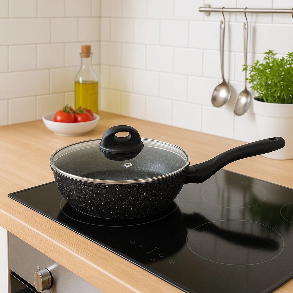 Set Padelle Alte 6pz Pietra con Coperchio Magico Antiodore Padelle 20 24 28 cm Induzione