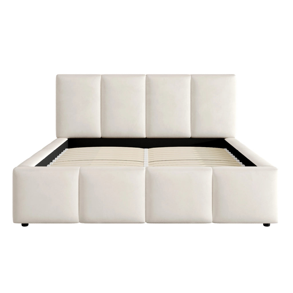 Letto matrimoniale 180x200 cm in chenille beige con testiera imbottita e rete a doghe