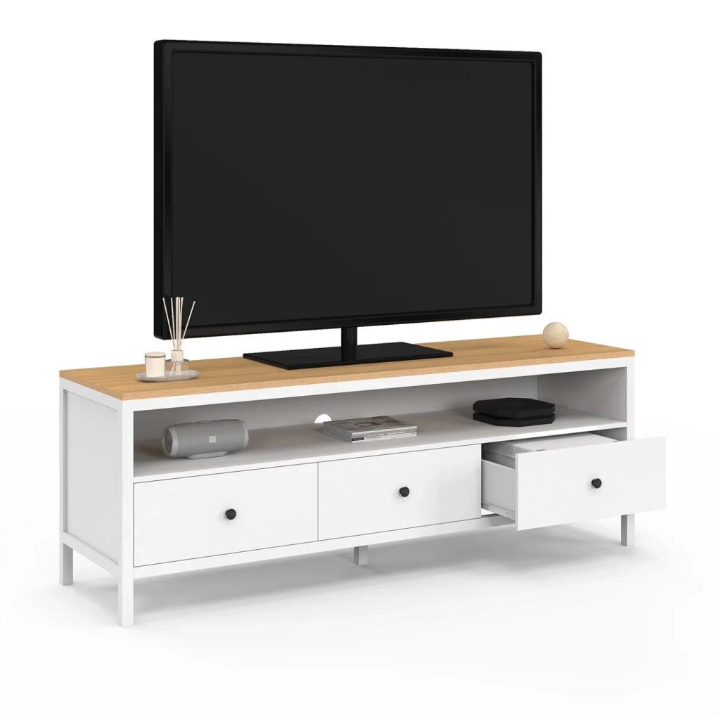 IDMarket - Porta TV ACHILLE 140 cm con 3 cassetti bianchi e piano in legno