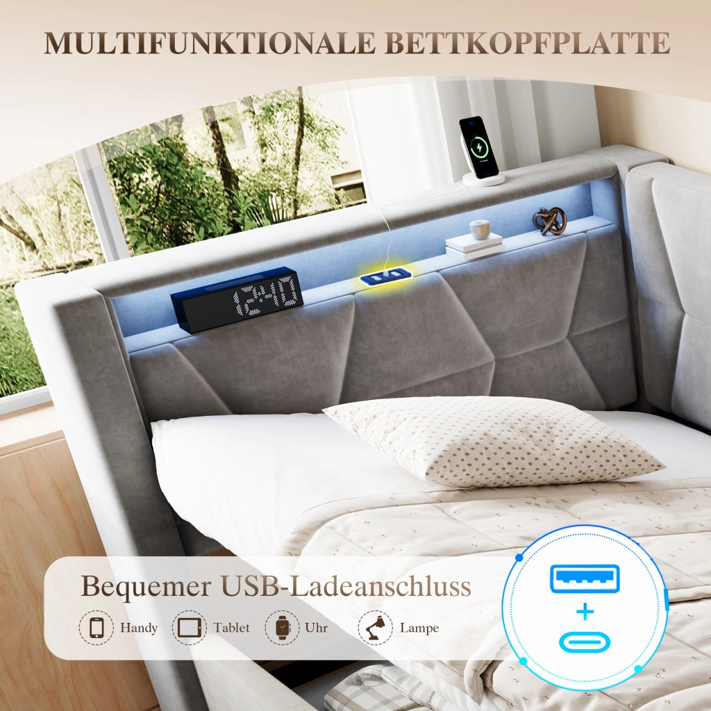 LETTO Contenitore 90x200 cm in velluto grigio scuro con LED, USB e Type-C