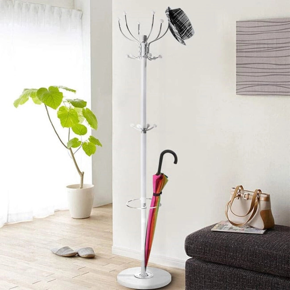 Trade Shop - Attaccapanni Appendiabiti Da Terra Con 17 Ganci In Metallo Cromo Bianco Base In Marmo 175cm -