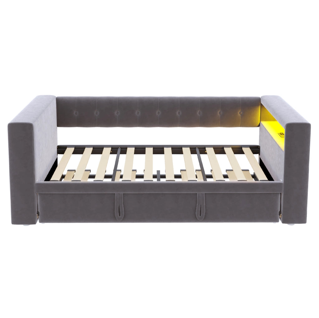 Divano letto multifunzione 90/180 x 190 cm con LED; prese; contenitore e rivestimento grigio scuro
