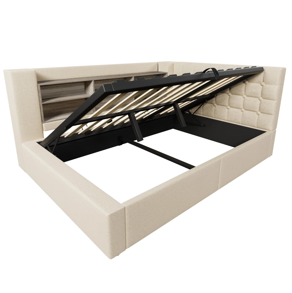 Letto matrimoniale 140x200 cm con contenitore; LED; USB-A e USB-C; lino beige