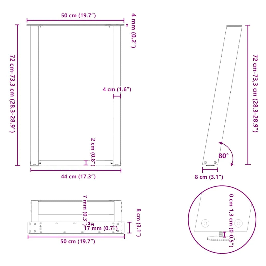 Set di 2 gambe per tavolo a forma di U nere 50 x 72-73 cm con livellatori manuali design moderno in acciaio nero 02_0057066