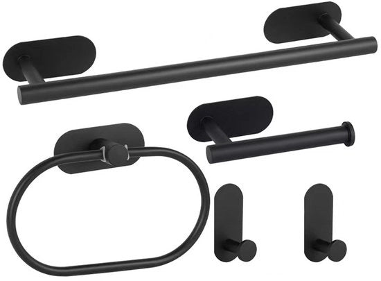 Set di asciugamani per bagno autofissante, comprensivo di asciugamani da bagno, portapolvere, anelli per asciugamani e 2 ganci per asciugamani, realizzato in acciaio inossidabile, non richiede foratura, può essere fissato alla parete - nero.