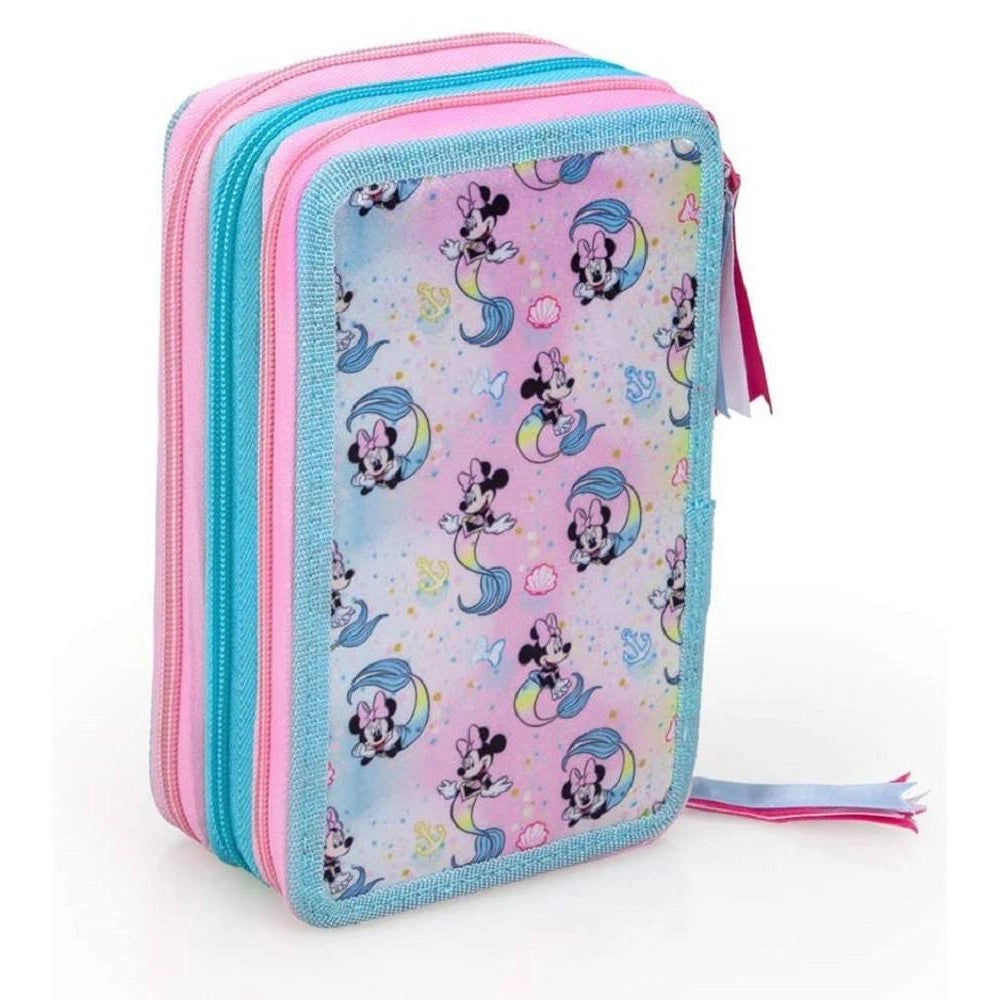 Trade Shop - Astuccio Scuola Minnie Mouse Multiscomparto 3 Zip Pennarelli Giotto 20x13x6cm -