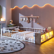 Letto per bambini in metallo 140x200 cm con protezione laterale; ripiano aperto e luci LED; bianco