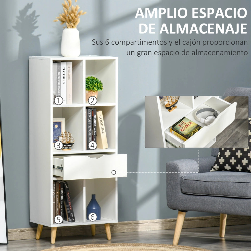 Libreria con cassetto e gambe in legno 6 scomparti aperti ¨C zephmum ¨C 50x29.5x120 cm bianco