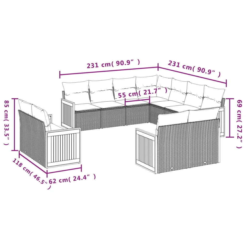 Set Divani da Giardino 11 pz con Cuscini in Polyrattan Grigio