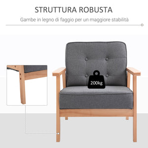 Poltrona Stile Nordico Retrò in Legno con Rivestimento in Lino  Grigio Chiaro