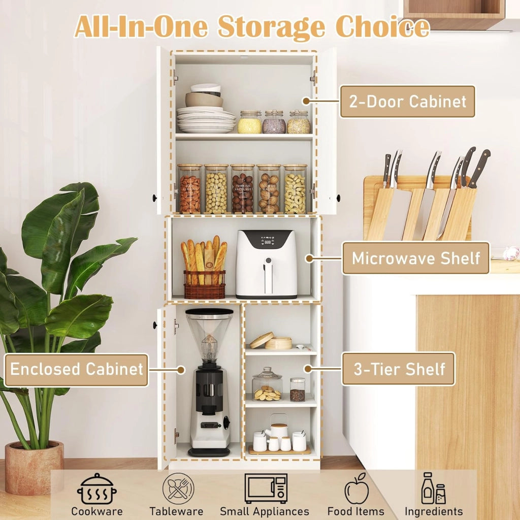 Credenza Alta da Cucina 166 cm, Mobile Cucina Dispensa con 3 Porte, 2 Cassetti e 4 Ripiani Aperti, Mobile Buffet Multifunzionale per Bagno, Soggiorno, Sala da Pranzo, 60×33×166 cm (Bianco)