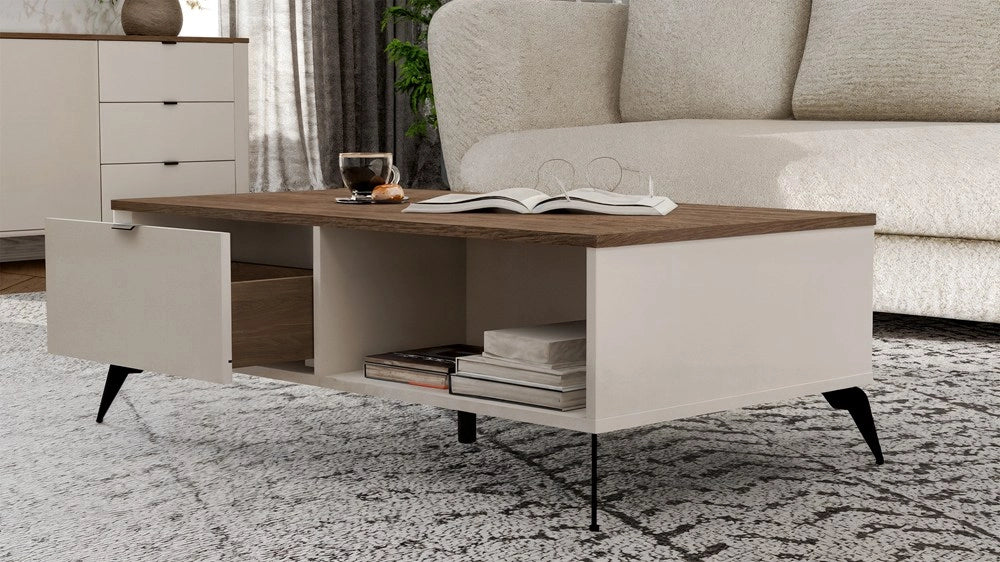 Tavolino da caffè tavolino CORDOBA cashmere beige rovere CASTELLO 2 cassetti per soggiorno