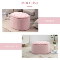 Pouf Contenitore Ovale Imbottito e Trapuntato in Velluto, 71x52x42cm, Rosa