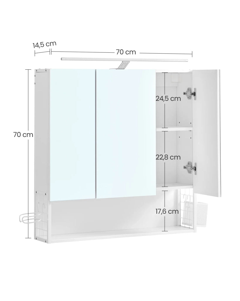Mobiletto da bagno sospeso con specchio 14,5 x 70 x 70 cm con luce LED 3 ante ripiano regolabile portaphon stile moderno chic bianco 12_0004038