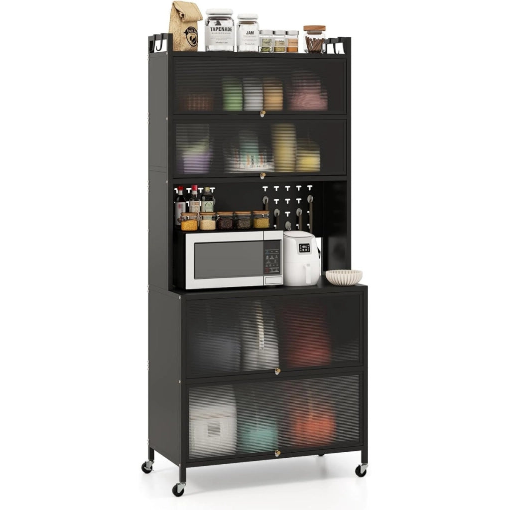 Armadio cucina 6 livelli buffet credenza, Porte ribalta supporto microonde pannello forato ganci Nero